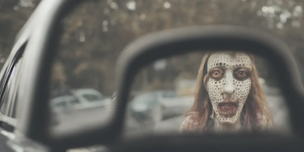 Image similar to a scary woman with holes for eyes, seen through a car rear view mirror, it's in the back seat, shallow depth of field, cinematic, horror movie