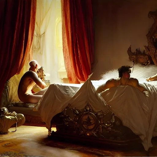 Prompt: the pope is in his bed, terrified, because a double horned shadow demon is in the wallpaper of the bedroom. highly detailed painting by gaston bussiere, j. c. leyendecker, greg rutkowski, craig mullins 8 k