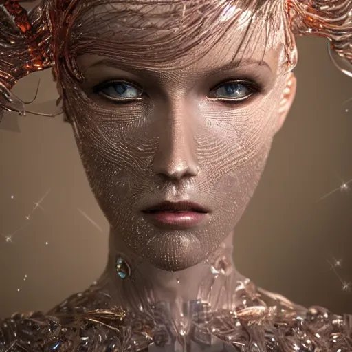 Image similar to beautiful pragmatic face, crystal, platinum, copper, biomechanoid with incredible iridescent pearlescent voluminous fiberoptic hair, crystalline masterpiece implants, hyperdetailed face, elegant pose, movie still, intricate, octane render, cinematic forest lighting, unreal engine, dieselpunk setting, crepuscular rays, god rays.