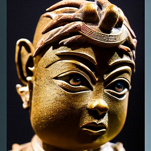 Image similar to photo of fragmented Bronze Babylonian sculpture of Goku made of Bronze, Bronze!! (EOS 5DS R, ISO100, f/8, 1/125, 84mm, postprocessed, crisp face, facial features)