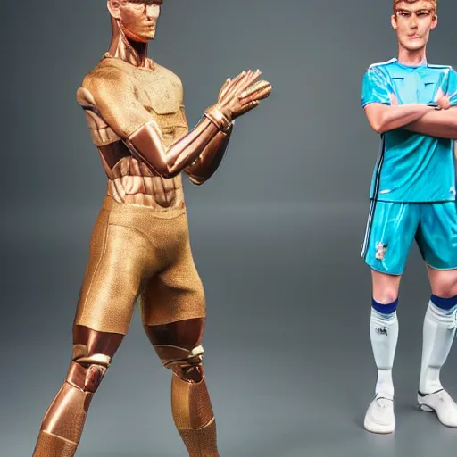 Prompt: a realistic detailed photo of a guy who is an attractive humanoid who is half robot and half humanoid, who is a male android, soccer players timo werner, shiny skin, posing like a statue, blank stare, in a factory, on display, showing off his muscles, gold soccer shorts, side view, looking at each other mindlessly