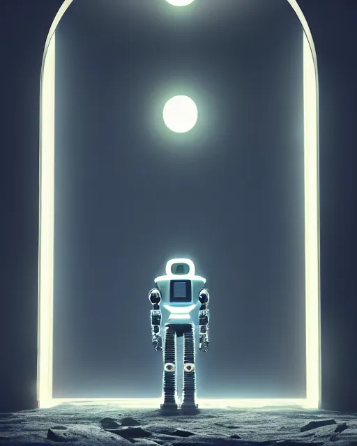 Image similar to a robot standing in front of a glowy open door that's on a barren moon, poster art by mike winkelmann, trending on cg society, space art, sci - fi, ue 5, futuristic, volumetric lighting, light casting onto the ground, neat composition and camera angle