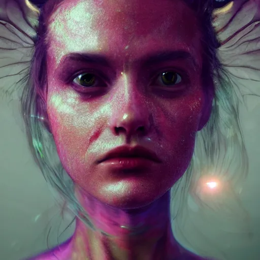 Image similar to artistic portrait of a female demon, art by alessio albi 8 k ultra realistic, pitchfork, lens flare, atmosphere, glow, detailed, intricate, full of color, led lighting, trending on artstation, 4 k, hyperrealistic, 3 5 mm, focused, extreme details, unreal engine 5, masterpiece