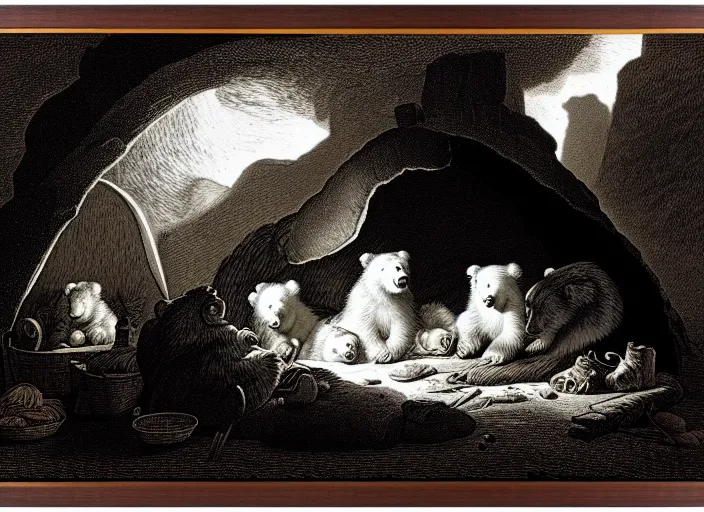 Image similar to Pieter Claesz's 'bear and her cubs sleeping in a dark cave lit by campfire', night time, cross hatching, framed