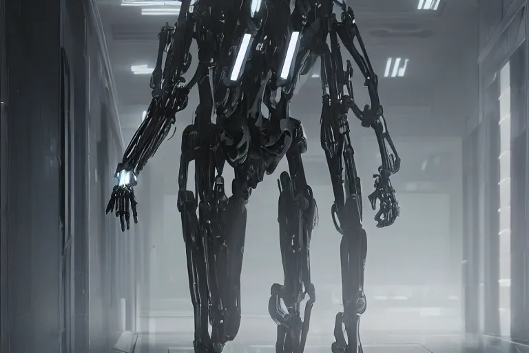 Image similar to skeletal black mecha walking down white marble hallway, Skeletal face android face one eye. mecha (carbon fiber) long limbs black panels reflective. Skeletal face android face one eye ((glowing_red_eye)) RTX On UE5 Artstation Bladerunner_2049_scene!!!!!! Cyberpunk 2077 bladerunner2049!!! bladerunner!!! Dark figure walking down white hallway slightly offset fancy hallway. reflective floor!!!!! Tom Bagshaw and Greg Rutkowski and Alphonse Mucha