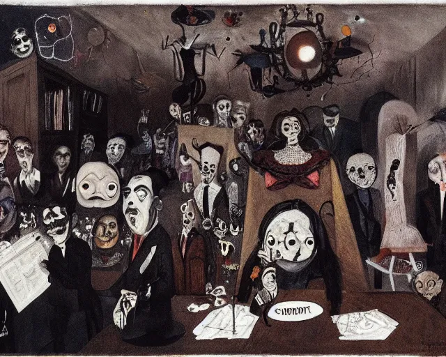 Image similar to the horror of beaurocracy, papers, horror, desks, office, waiting, stress, frustration, anger, crowded, harsh cinematic lighting, high qulity, 4 k, by charles addams and hilma af klint and affandi