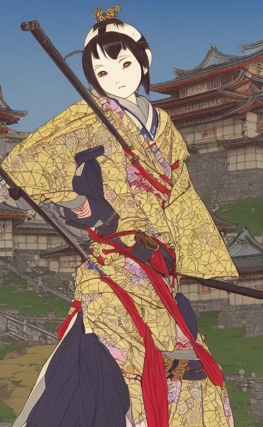 Prompt: portrait of a yari ashigaru, highly detailed, high resolution, japanese castle in the background, full color manga visual style, illustration, stunning, shogun era, bokeh soft, matte, 100mm, by professional photographer, hayao miyazaki, ilya kuvshinov, alphonse mucha, studio mappa, realistic human anatomy, realistic army, realistic weapons, shot with a arriflex 35 ii, low saturation, small eyes