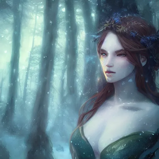 Prompt: Close up of a gorgeous druid woman in a snowy forest landscape, fantasy, Ross Tran, Charlie Bowater, Greg Rutkowski, volumetric lighting