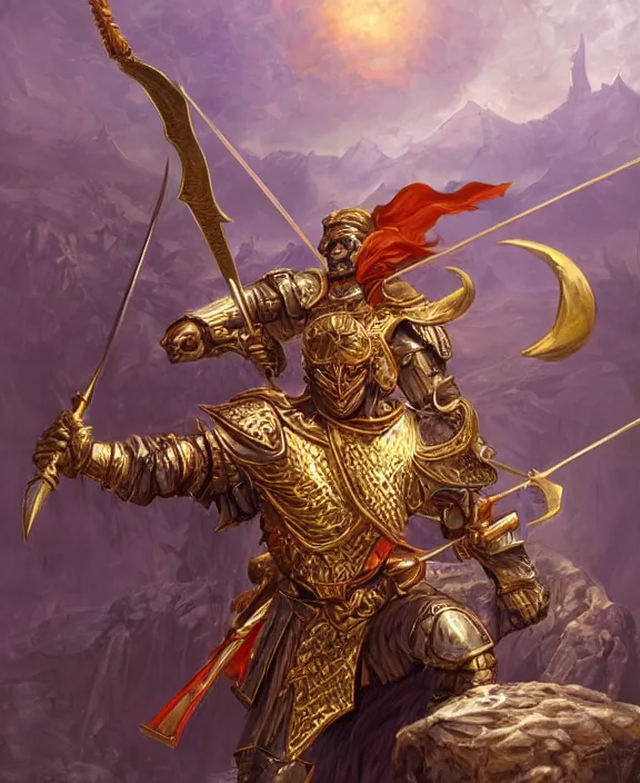 Image similar to final boss archer, fantasy, man, gilded shiny armour, contrast, highly detailed, digital painting, artstation, concept art, wallpaper, smooth, sharp focus, illustration, illumination, art by larry elmore, jeff easley, clyde waldwell, keith parkinson, daniel r horne