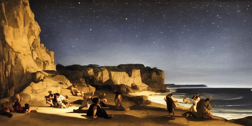 Image similar to beautiful oil matte portrait painting, people watching the stars at night on a portuguese cliff beach, wonderful masterpiece highly detailed, beautiful cinematic light deep focus, elegant, digital painting, smooth, sharp focus, golden ratio, dramatic illumination, ultra realistic, 8 k, art by artemisia lomi gentileschi and caravaggio