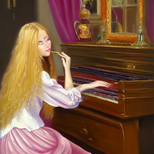 Image similar to highly detailed painting of beautiful russian girl with long blond hair playing a pink keyboard with a cup of tea, realistic,