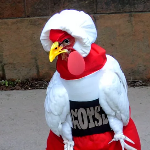 Image similar to chicken dressed as an inmate, real photo