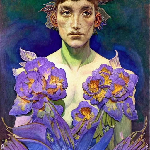 Image similar to the flower prince, by Annie Swynnerton and Nicholas Roerich and Diego Rivera, bioluminescent skin, tattoos, wings made out of flowers, elaborate costume, geometric ornament, symbolist, cool colors like blue and green and violet, smooth, sharp focus, extremely detailed
