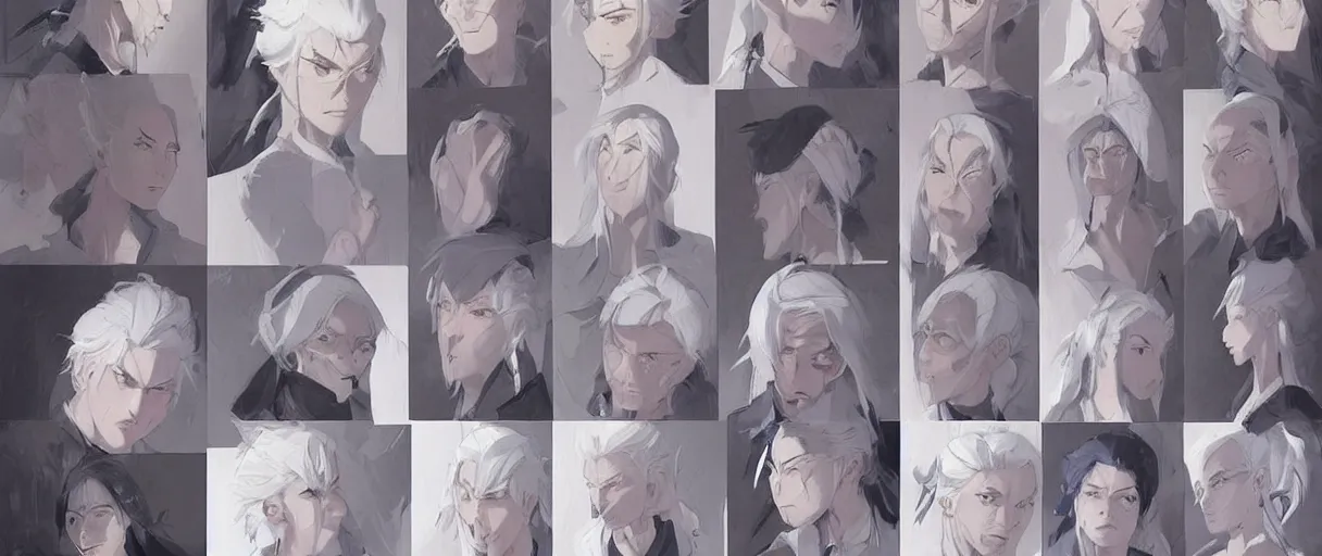 Prompt: character face study, multiple angles, directions and moods. faces only, girl with white hair, concept art finely detailed perfect art, painted by greg rutkowski makoto shinkai takashi takeuchi studio ghibli, pinterest, cevagraf comics