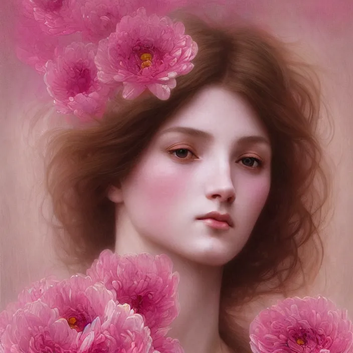 Image similar to a wonderful goddess made of pink petals as texture of the skin, intricate, elegant, highly detailed, wonderful eyes, sweet, digital painting, artstation, concept art, smooth, sharp focus, illustration, art by artgerm and greg rutkowski and alphonse mucha and william - adolphe bouguereau