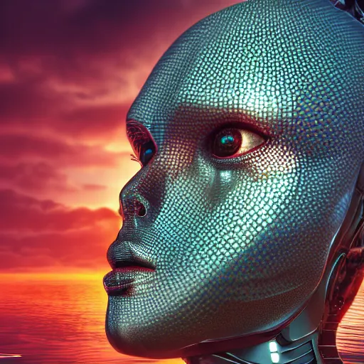 Image similar to an insanely detailed cibernetic artwork of a futuristic artificial intelligence superstar, extremely detailed water texture, centered image, perfectly symmetrical alien face, with frames made of detailed fractals, octane render, 4k, insanely detailed, detailed grid as background, photorealistic digital art, sunset colors, cgi