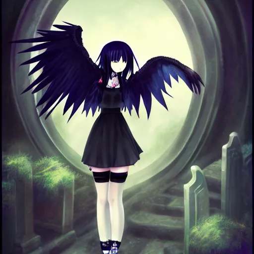 a gothic anime girl and her pet raven raven haunting, Stable Diffusion