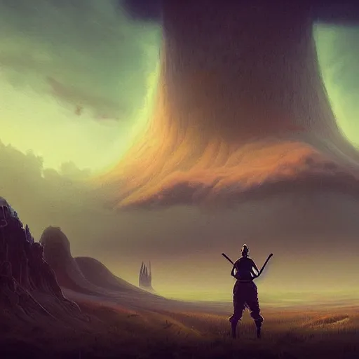 Image similar to a digital painting of a gigantic big enormous humanoid monster standing in the sky, concept art by simon stalenhag and peter mohrbacher cgsociety, vanitas, ominous, lovecraftian, speedpainting, apocalypse art. mist. hyper - realistic. photo realistic. octane render. intricate detailed masterpiece. extreme wide shot. realistic shaded dynamic lighting