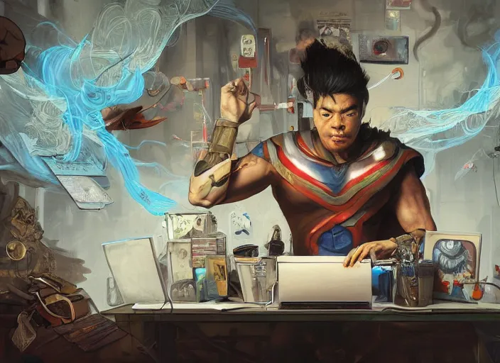 Image similar to an insanely detailed painting of an asian man wearing a homemade superhero costume, sitting at a desk, staring seriously at the computer and typing, in the style of peter mohrbacher, james jean, artgerm, dramatic lighting and composition, surreal background, octane render, pixar, trending on artstation, concept art, comic book, view from behind, 8 k