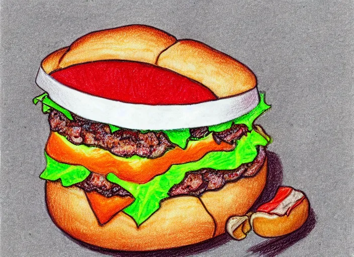 Prompt: a pizza eating a small burger, colorfull pencil drawing