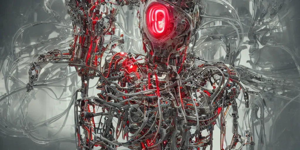 Image similar to cyborg in the data center, wired to the equipmen, red biomechanical details, wearing epic bionic cyborg implants, inflateble shapes, masterpiece, intricate, biopunk, highly detailed, artstation, concept art, cottage core, cinematic focus, polaroid photo, bleached, vintage, high - key lighting, soft lights, foggy, by tarkovsky, 8 k