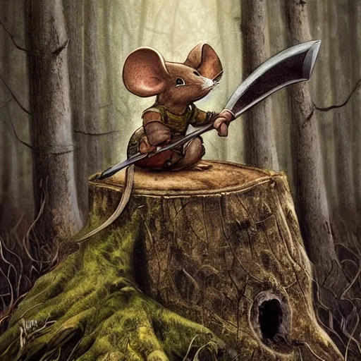 Prompt: Mouse Guard sits on a stump holding a sword, in deep forest, by rivuletpaper, rivuletpaper art, Mouse Guard by David Petersen, mouse photo, small details, realistic illustration,