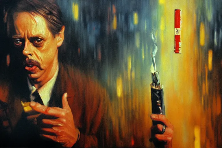 Image similar to expressive detailed impressionistic oil painting of film still of steve buscemi smoking a cigarette in blade runner, 4 k