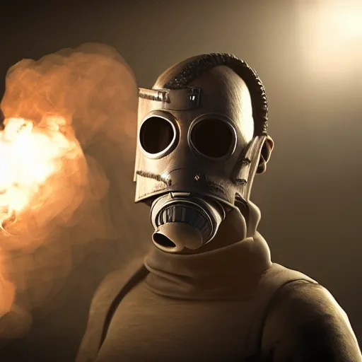 Image similar to hooden villain wearing a gas mask with smoke coming out of his body, dark background, unreal engine 5, ultra realistic, detailed, fog,