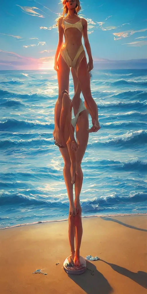 Prompt: symmetry!! summertime on the beach, sea, surreal, dream, golden hour, perfect lighting, perfect composition, 4 k, artgerm, derek zabrocki, greg rutkowski