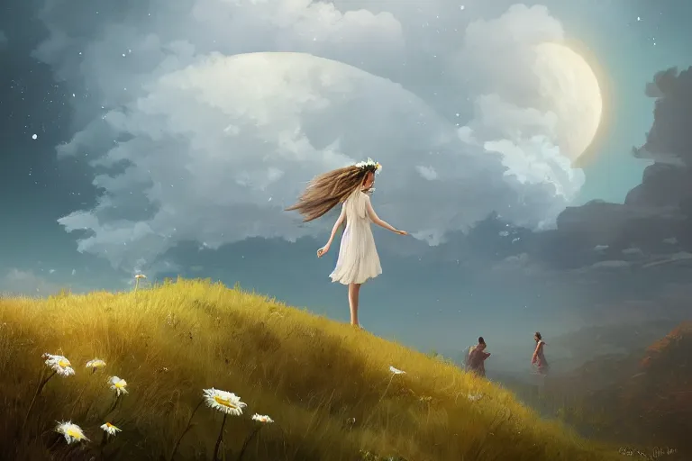 Prompt: giant white daisy flower crown on head, girl walking on cliff, surreal photography, solar eclipse, milky way, dramatic light, impressionist painting, clouds, digital painting, artstation, james gilleard, liam wong, jeremy mann, simon stalenhag