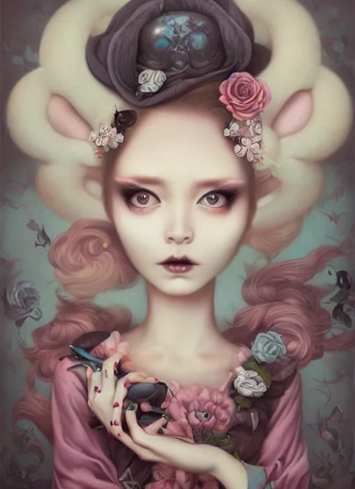 Image similar to pop surrealism, lowbrow art, realistic cute girl painting, japanese street fashion, hyper realism, muted colours, rococo, natalie shau, loreta lux, tom bagshaw, mark ryden, trevor brown style,