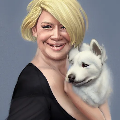 Image similar to 5 0 year old mildly overweight blonde woman, welcoming grin, wearing black, surrounded by hydrangeas, small white dog at her side, portrait, headshot, in the style of alexis franklin, thomas river, ross tran, wlop, artgerm, detailed, high quality