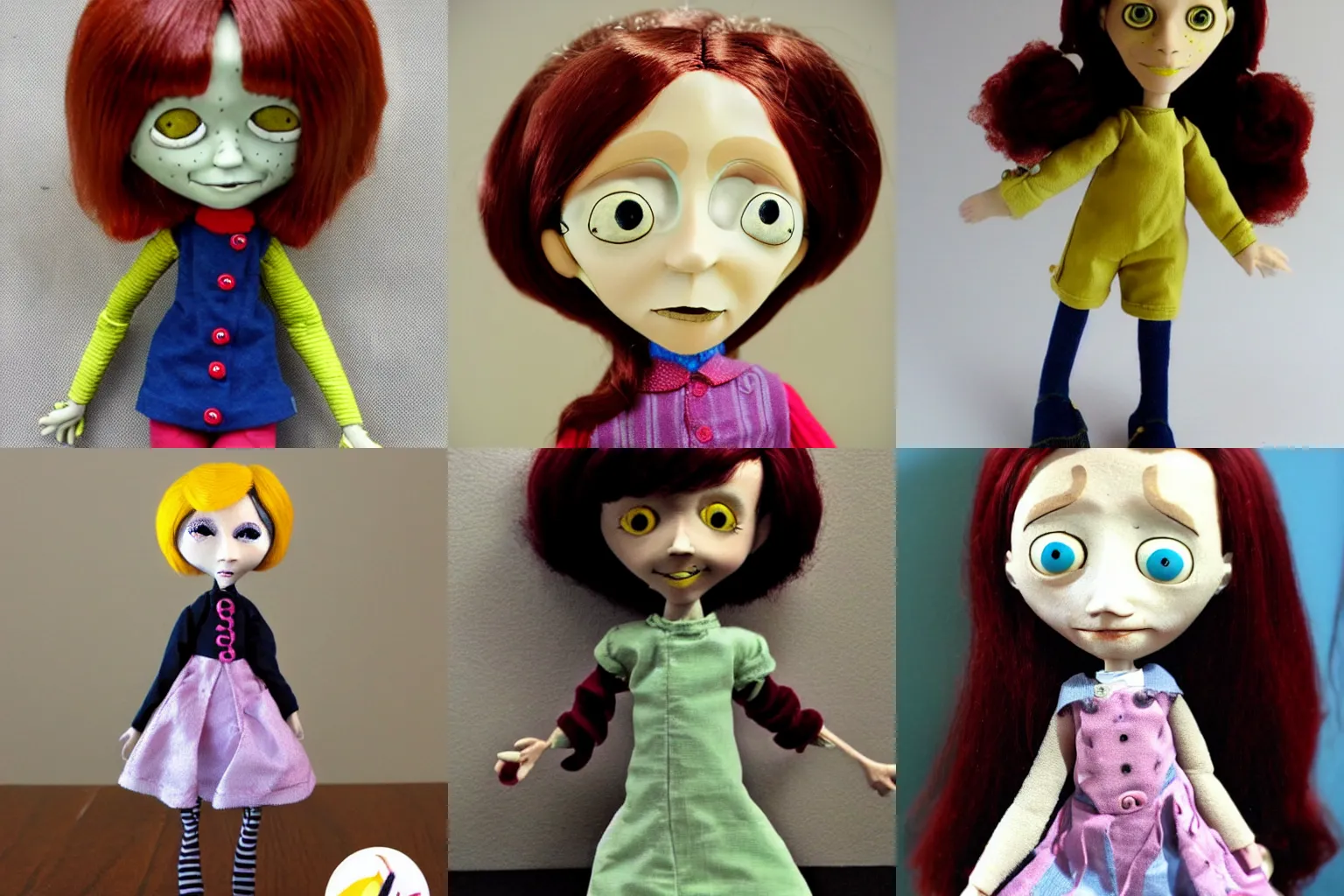 Prompt: Coraline doll, Coraline animation 2009, Coraline doll with button eyes and auburn hair
