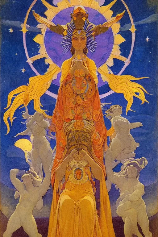 Image similar to queen of the sun and moon and stars by Nicholas Roerich and Annie Swynnerton and Diego Rivera and jean delville, dramatic cinematic lighting , ornate headdress , flowing robes, sacred artifacts, lost civilizations, smooth, sharp focus, extremely detailed