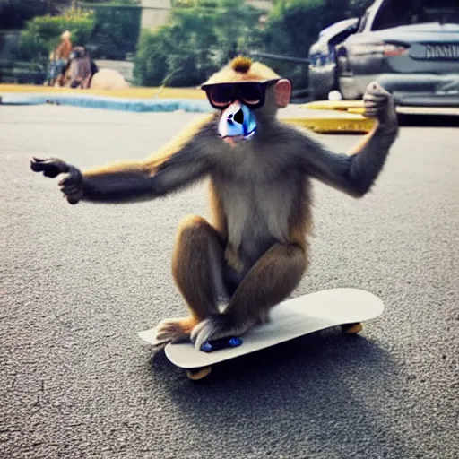 Prompt: monkey, skateboarding like a pro, wearing sun glasses and a backwards baseball cap