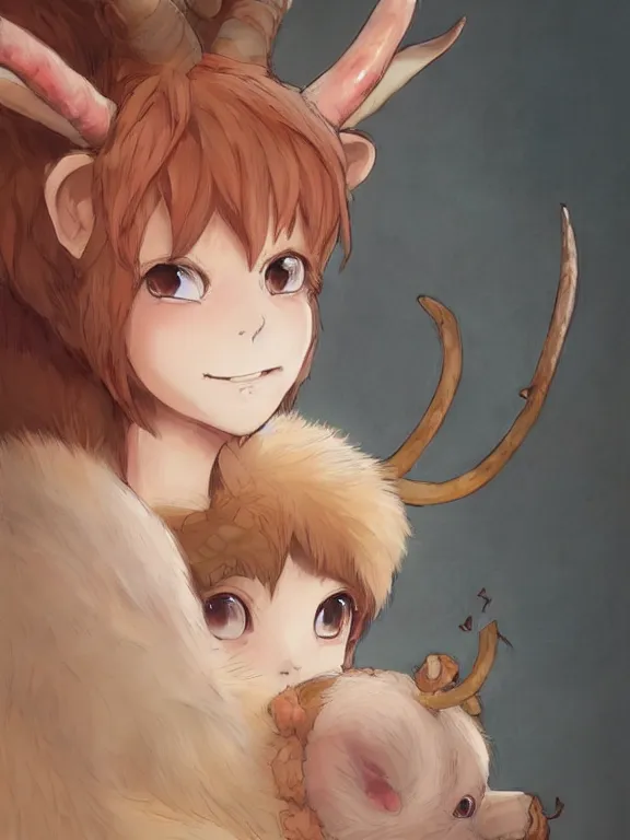 Image similar to Anime portrait of a cute smiling faun, short pink hair, golden notched horns, brown fur, fluffy tail, by Makoto Shinkai, Stanley Artgerm Lau, WLOP, Rossdraws, James Jean, Andrei Riabovitchev, Marc Simonetti, and Sakimichan