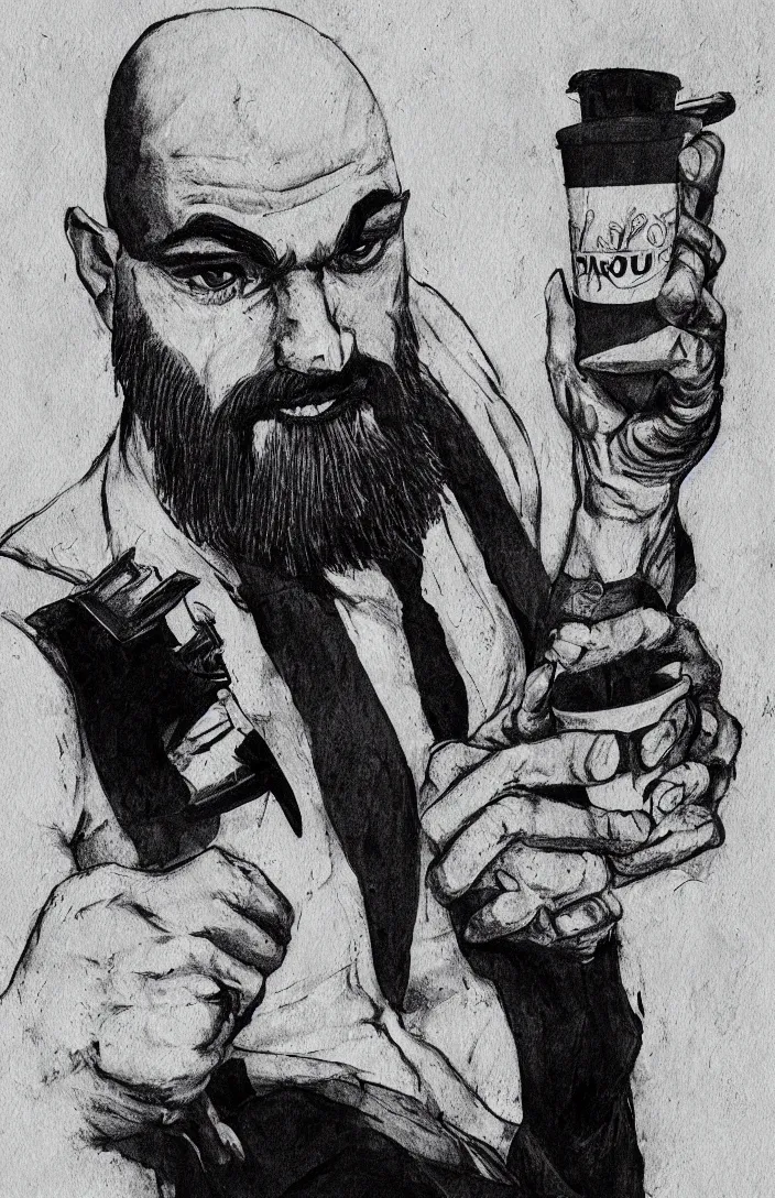 Image similar to detailed portrait of kratos in a suit holding a cup of coffe in his hand, black and white, 5 0's style.
