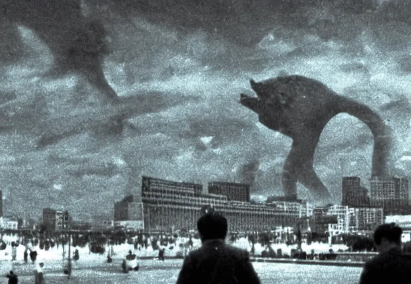 Image similar to Pulgasari the North Korean starfish monster destroying Pyongyang city, volumetric lighting, filmstill, produced by Kim Jong-il, Kodachrome, kaiju-eiga, monster movie, communist propaganda, film noir, 35mm film grain, Cooke Varotal 20-100mm T3.1, in the style of Ishirō Honda and Orson Welles