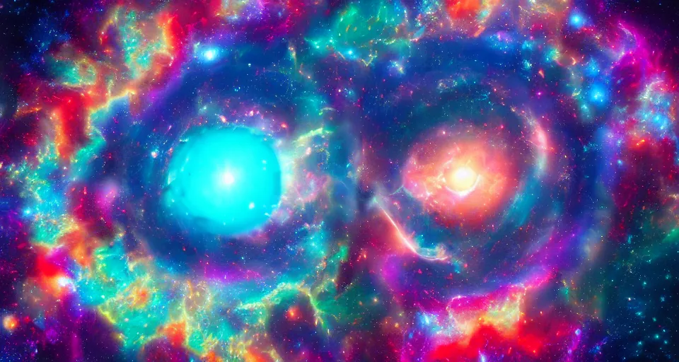 Prompt: a cosmic portal to the gigantic mystic colorful robotic being in the middle of the universe, stylized, 8k, cinematic, hyper-detailed, imax quality