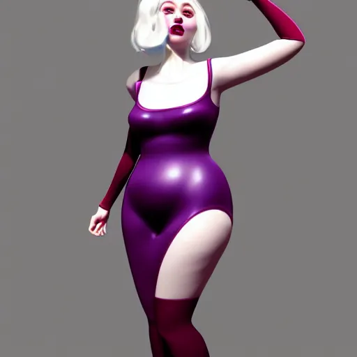 Image similar to curvy feminine goth young woman with dignified tight nylon dress, white hair, red lipstick, purple makeup, relaxed posture, photorealistic, cgsociety, sublime, 16k, smooth, sharp focus, ArtStation, hyperdetailed, volumetric lighting