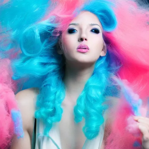 Image similar to a dramatic photo of a beautiful young woman with cotton candy hair. with a little bit of cyan and pink