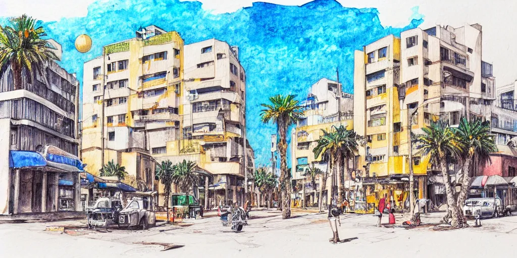 Prompt: street artists. painting of rounded bauhaus buildings in a junction in tel aviv. highly detailed. pen drawing painted with watercolors. colorful. low buildings. palm trees