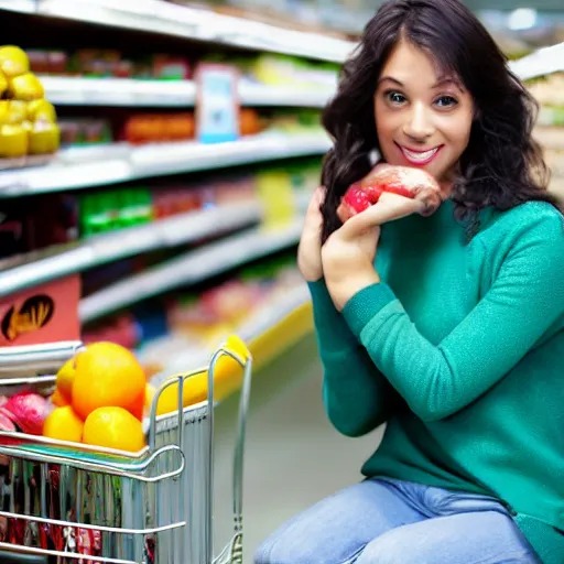 Prompt: beautiful woman sitting in a highly detailed grocery store isle