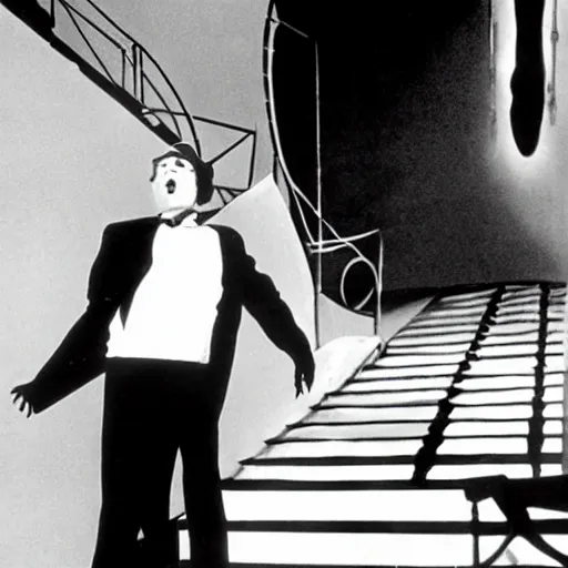 Image similar to Still of a remake of Dr. Caligari as a musical comedy starring Gene Kelly. Large Broadway set with a staircase. Expressionist angle. Technicolor, cinematic
