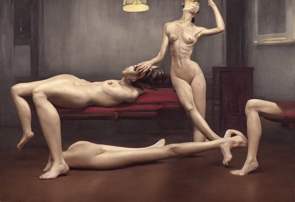 Image similar to A woman with four legs and four arms trying to count her legs, in the style of Paola Vetri, extremely detailed masterpiece, oil on canvas, low-key neon lighting, artstation, Blade Runner 2049, Roger Deakin’s cinematography, by J. C. Leyendecker and Peter Paul Rubens and Edward Hopper and Michael Sowa,