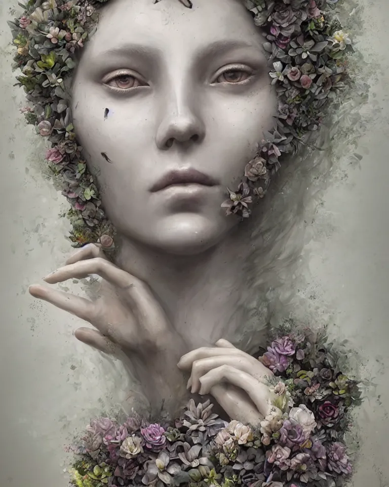Prompt: portrait of a beautiful ethereal female made of concrete made of flowers made of mist, Andrew Ferez, Charlie Bowater, Marco Mazzoni, Seb McKinnon, Ryohei Hase, trending on cgsociety, featured on zbrush central, new sculpture, mystical