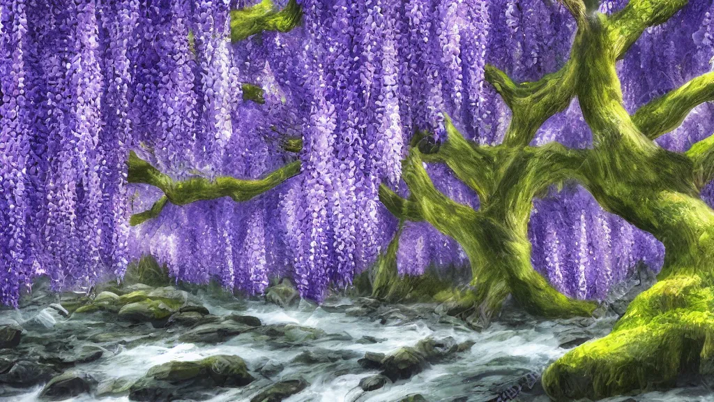 Prompt: wisteria forest with a narrow rocky purple river flowing through it. beautiful twisted old trees in full bloom. small ferns grow between the trees. digital painting. trending on artstation.