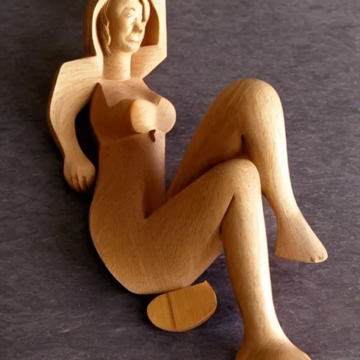 Image similar to wooden sculpture of a blonde lady in a bikini cooking sardines, polished maple, thoughtful, elegant, real