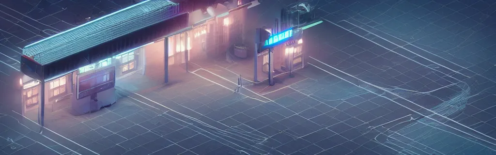 Prompt: an immaculate isometric octane redshift rendering of a futuristic trainstation at night in the fog. ambient occlusion. volumetric lighting.