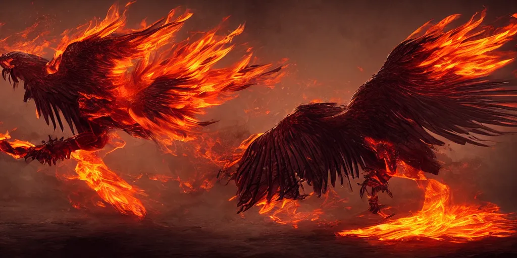 Prompt: artwork of a flamming phoenix, highly detailed, artstation, night black sky background, smooth illustration, digital art, unreal engine, ultra realistic, fine art, concept art